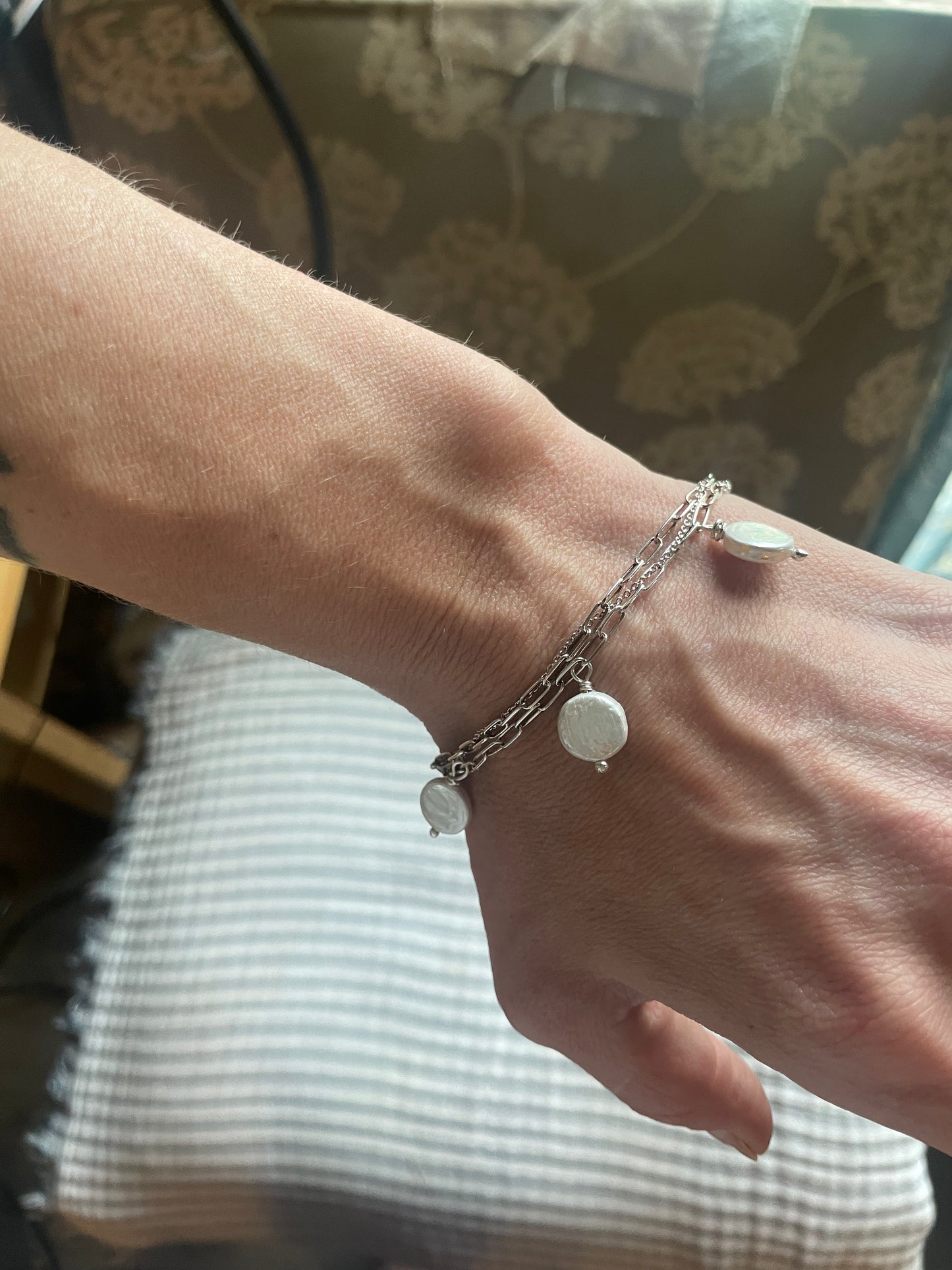 Coin pearl sterling silver bracelet