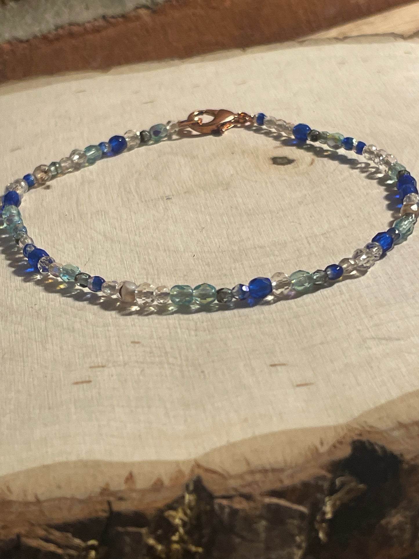 Glass beaded anklet blue and teal