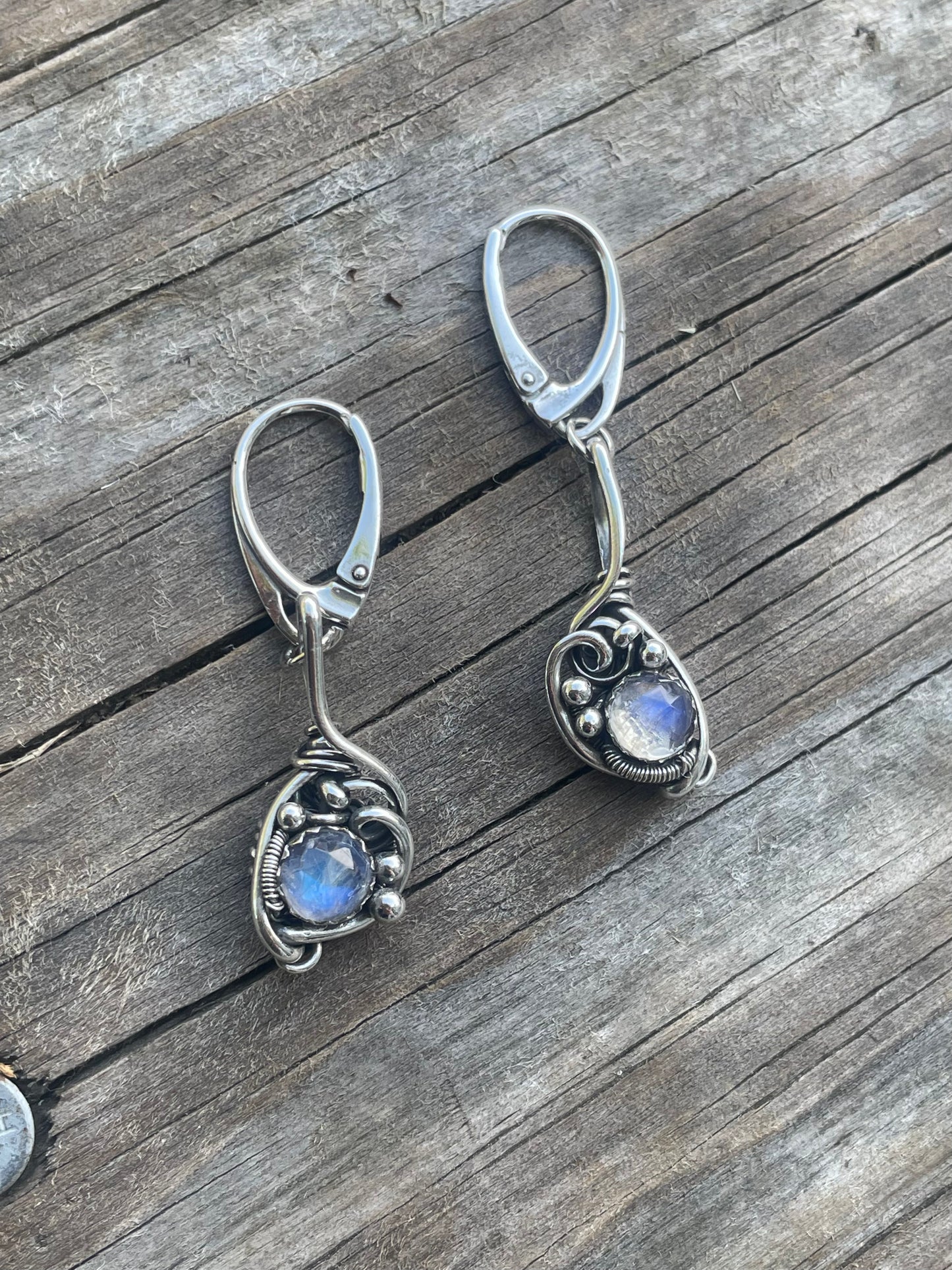Blue Flash Moonstone Wire wrapped earrings