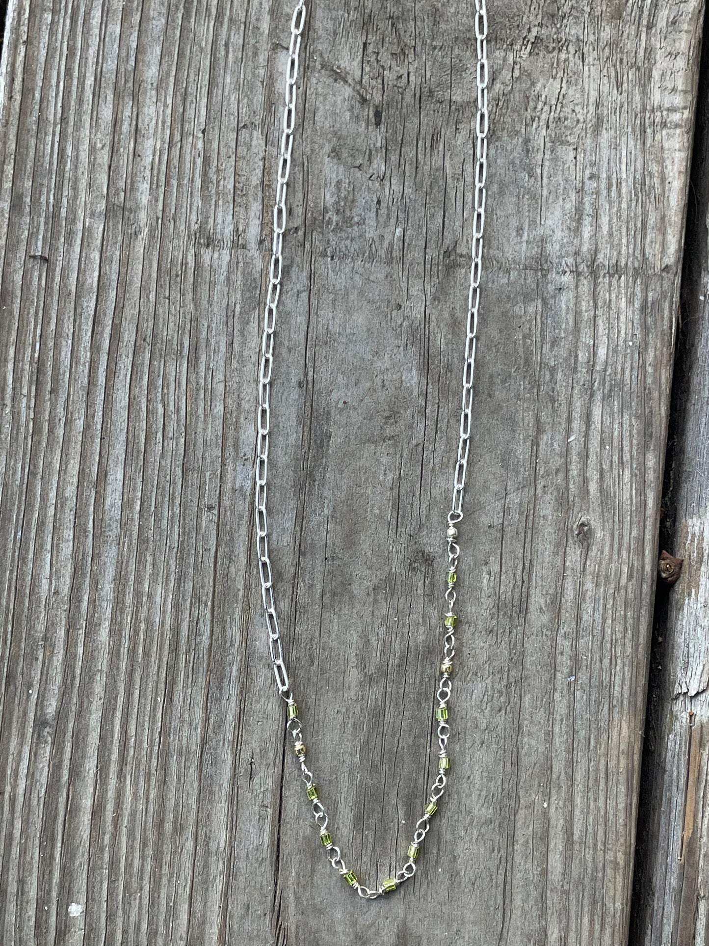 Beaded green paperclip chain necklace