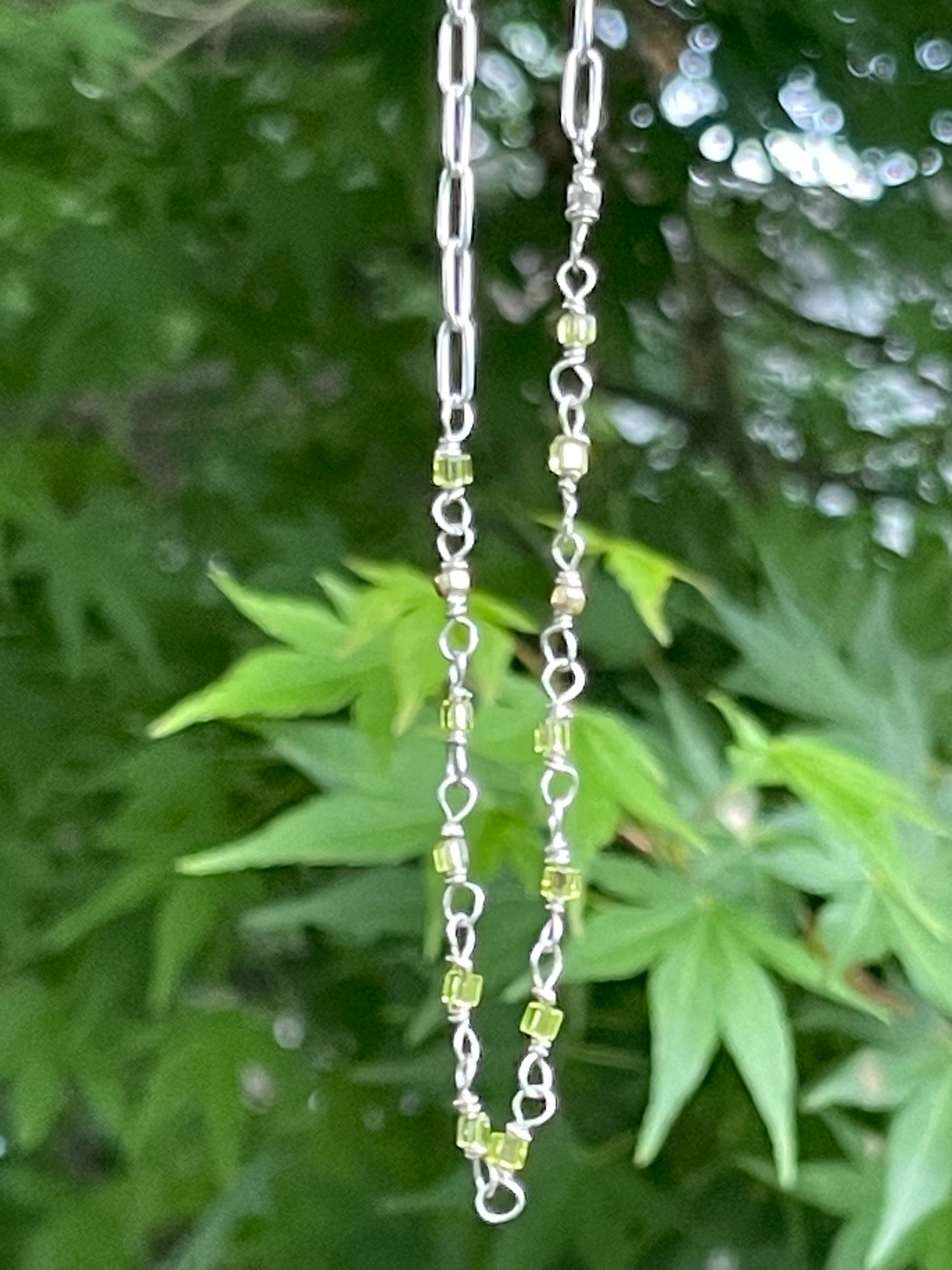 Beaded green paperclip chain necklace