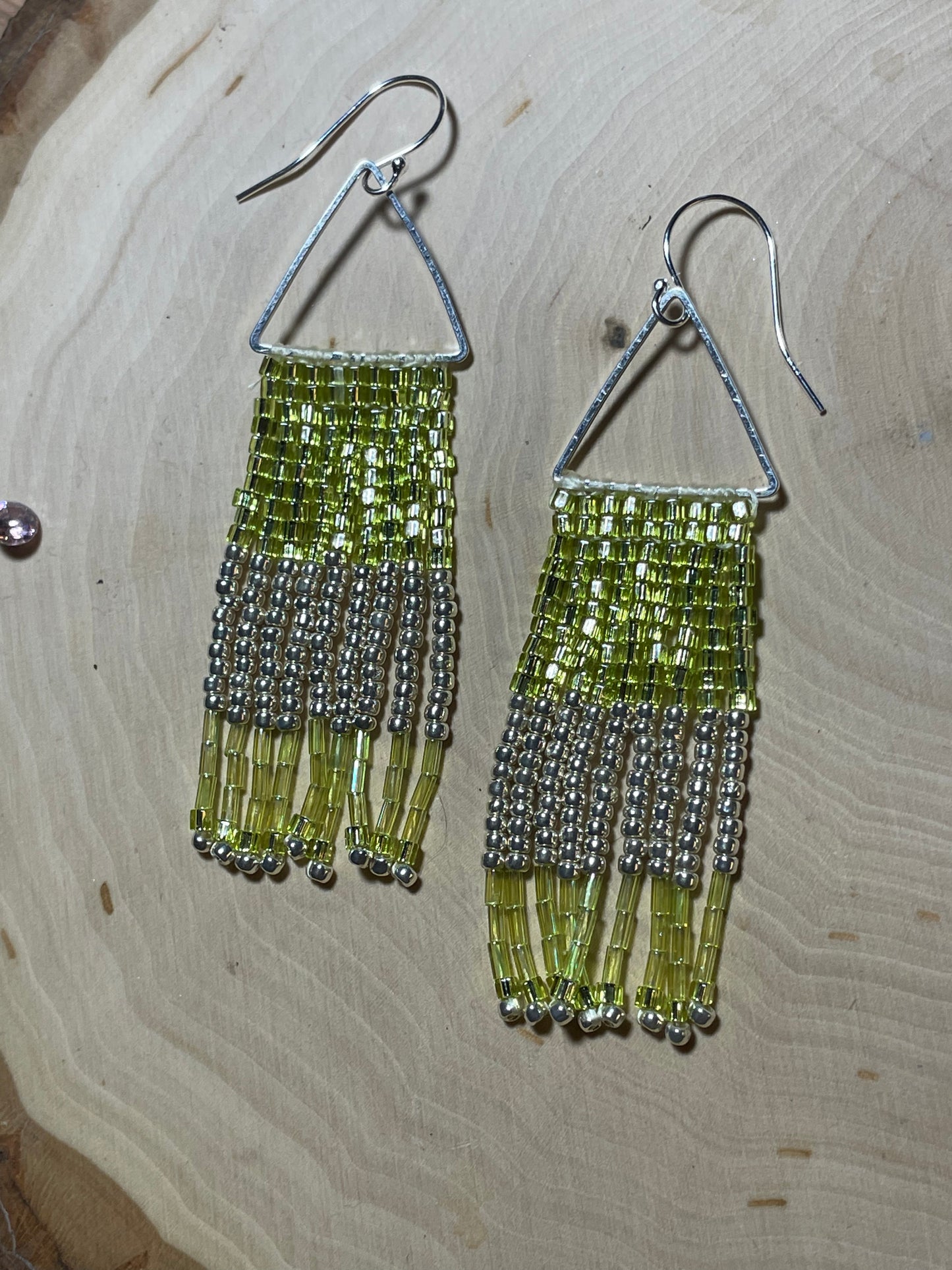 Green czech glass beaded fringe earrings