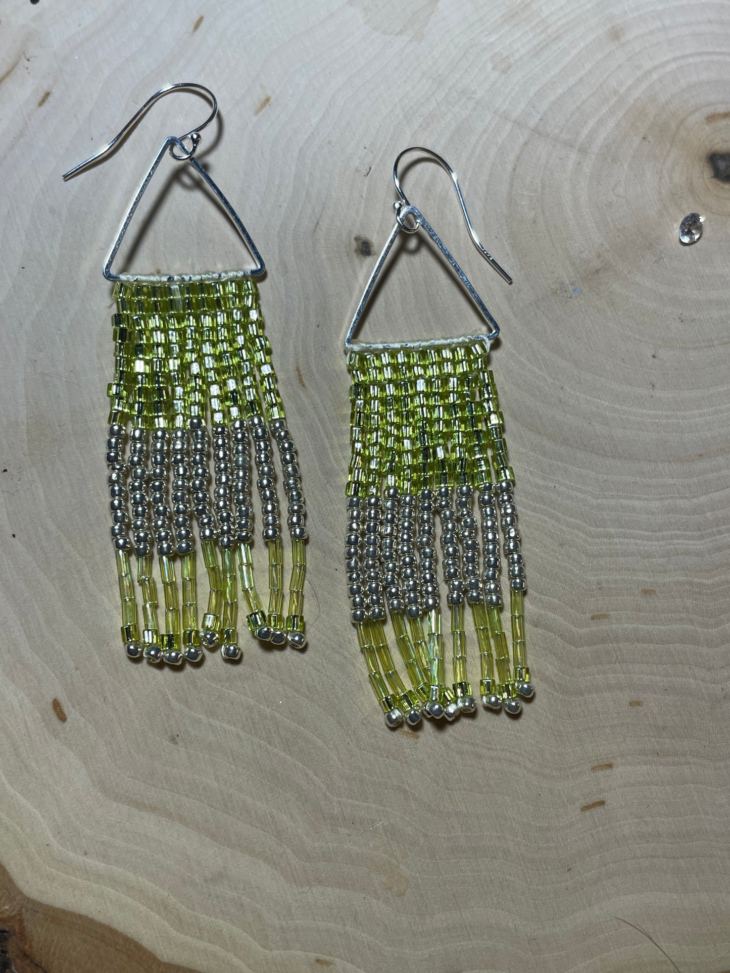 Green czech glass beaded fringe earrings