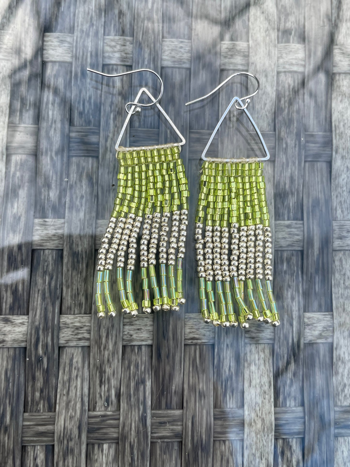 Green Czech glass beaded fringe earrings