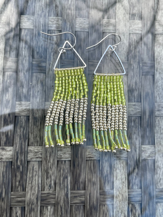 Green Czech glass beaded fringe earrings