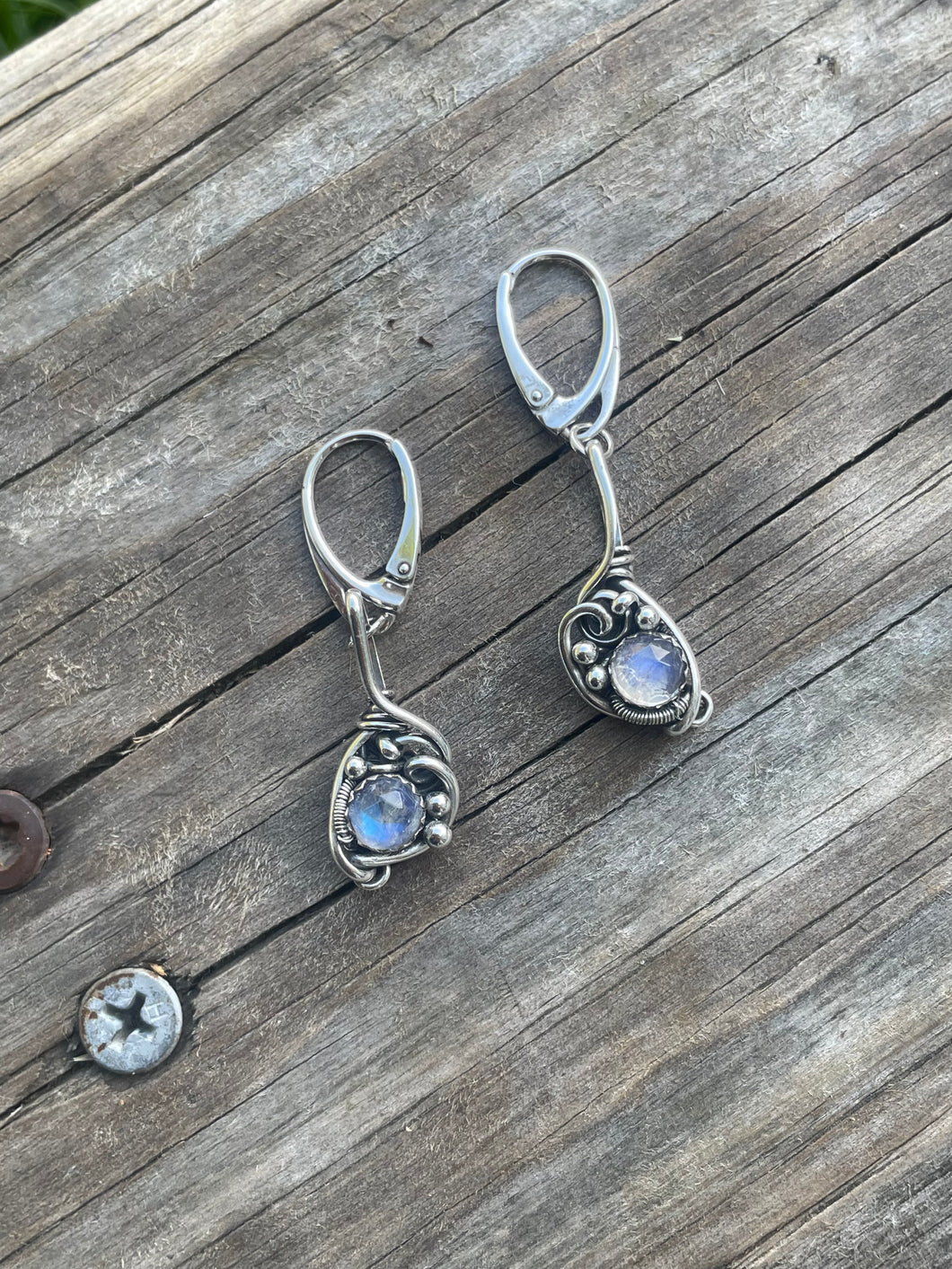 Blue Flash Moonstone Wire wrapped earrings