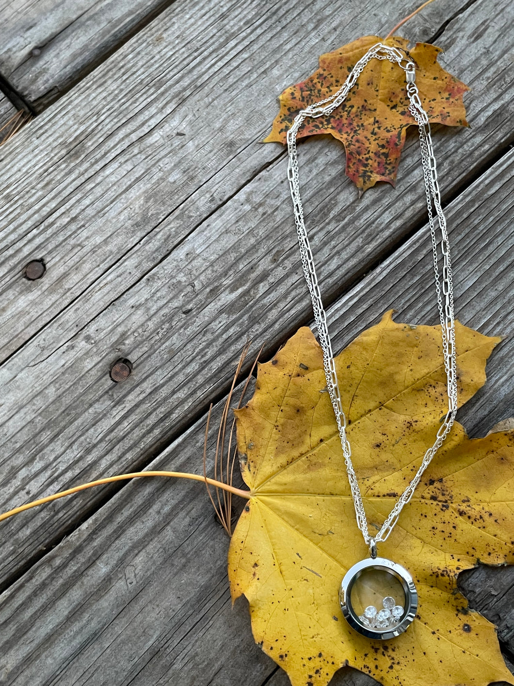 Gemstone locket with tri-chain handmade