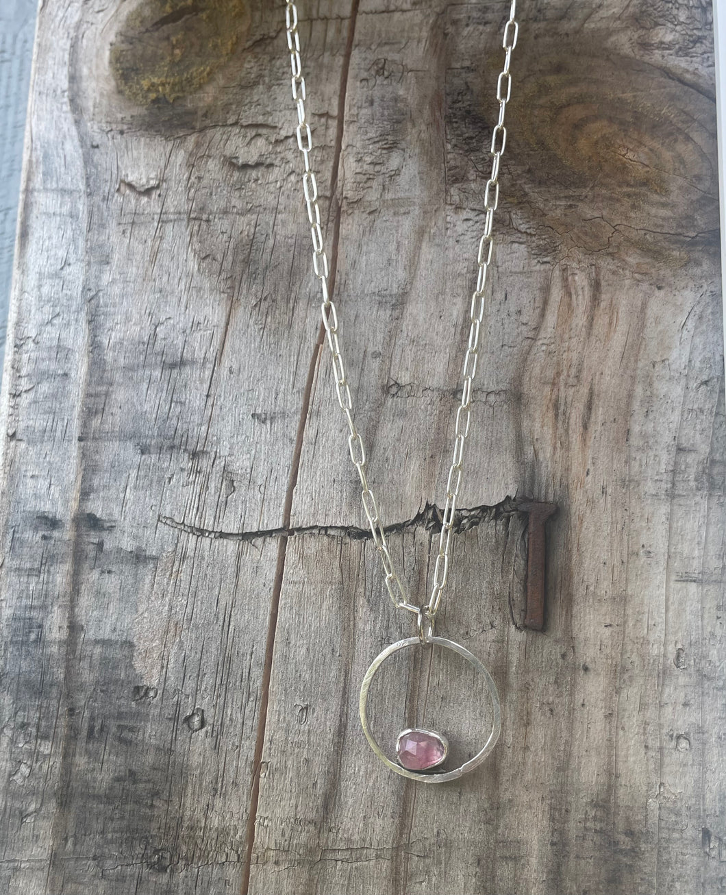 Pink tourmaline silver smithed necklace