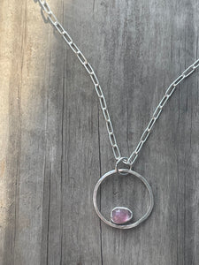 Pink tourmaline silver smithed necklace