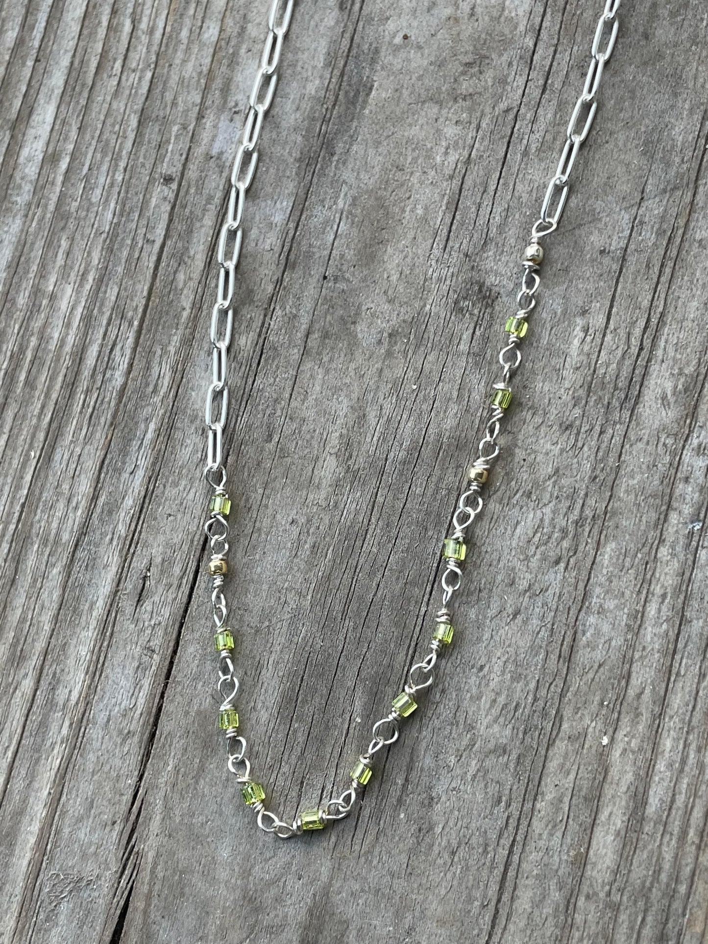 Beaded green paperclip chain necklace